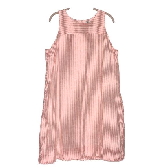TOMMY BAHAMA Linen Shift Dress Large Peach Striped Sleeveless Fringe Pockets EUC - Picture 1 of 5